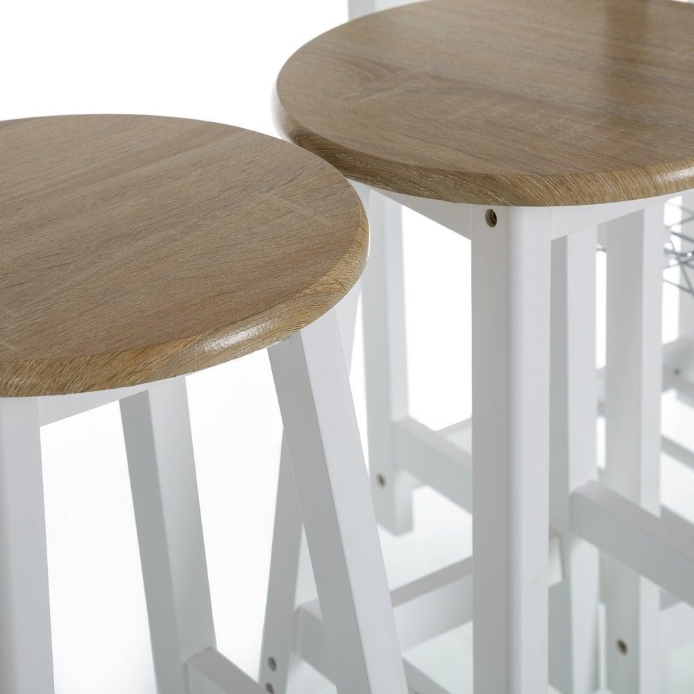 LOLAhome Conjunto de Mesa Barra y 2 taburetes con 1 cajón, 2 estantes, Cesta extraíble y botellero para Cocina de MDF Blanco y Natural