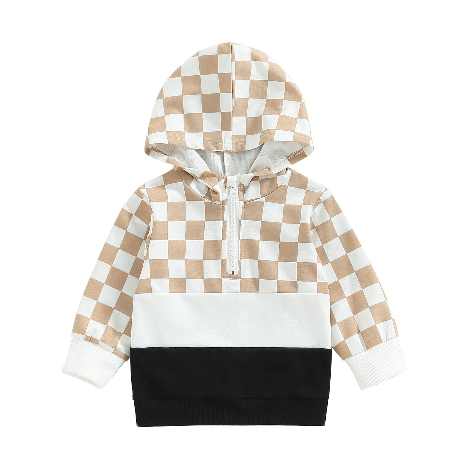 BULINGNA Toddler Kids Baby Boys Chessboard Plaid Hooded Jacket Coat Long Sleeve Patchwork Zip Up Hoodie Sweatshirt (Khaki, 2-3 Years)
