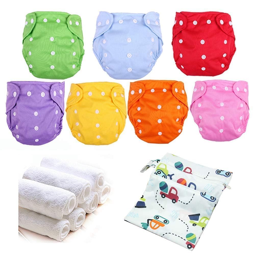 Baby Cloth Diapers Washable Reusable Diapers for Baby Girls and Boys, One Size Adjustable 7 Pack with 7 Inserts and 1 Storage Bag