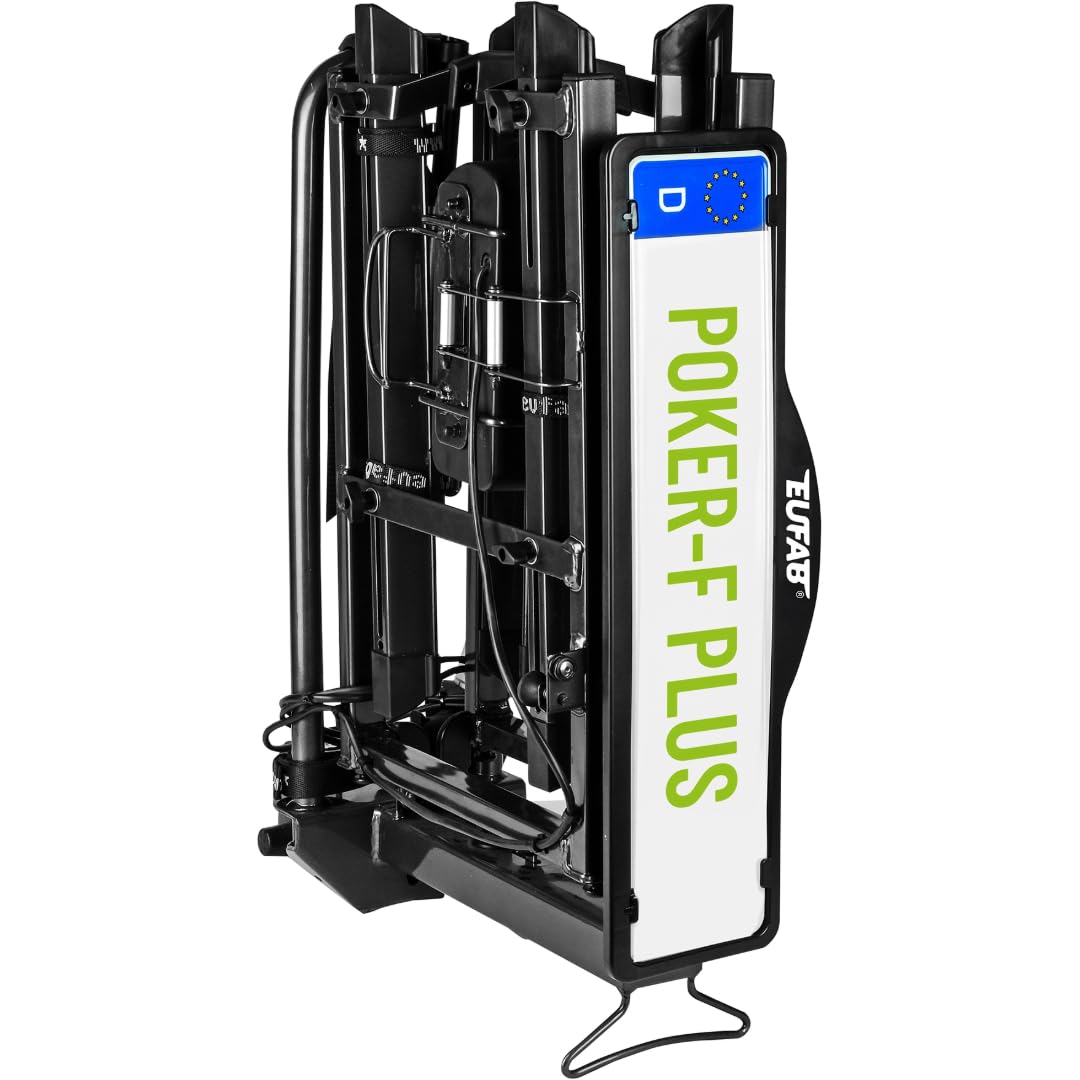 EUFAB 12012LASON - Portabici Poker-F Plus, con supporto per telaio chiudibile, adatto per e-bike, completamente premontato, per 2 biciclette, per gancio di traino, nero