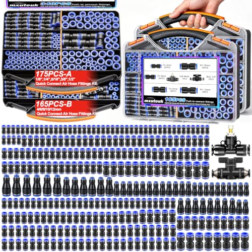 Image of mxuteuk 340PCS Quick Connect Air Hose Fittings,4 /6 /8 /10 /12mm&1 /8 1 /4 5 /16 3 /8 1 /2 inch Plastic Straight Push to Connect Fittings,Quick Release Pneumatic Air Line Fittings