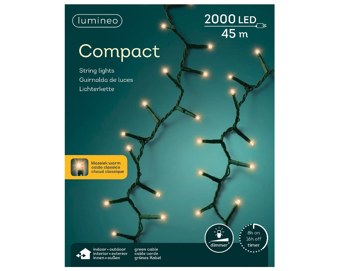 Lumineo Lichterkette Compact klassisch warm - 2000 LED's - 45 Meter - grünes Kabel - Indoor & Outdoor - Timer - dimmbar -IP44