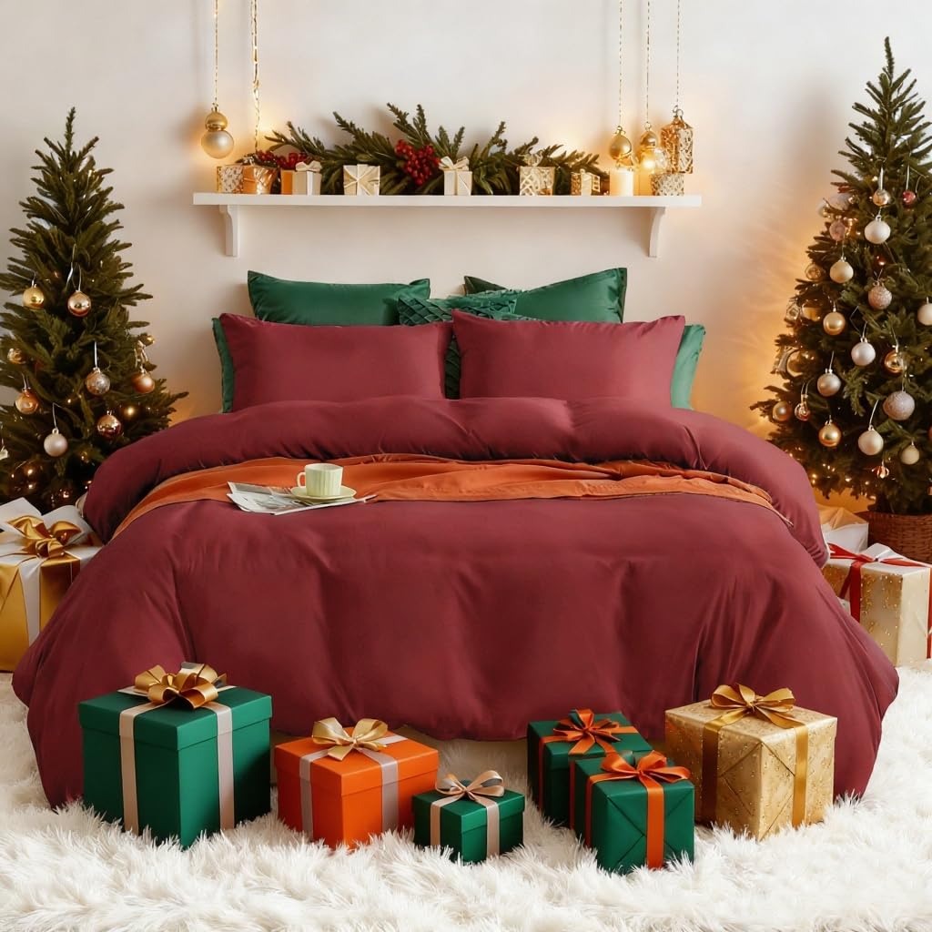 Warm Bedding Set and Fitted Sheet Double Size 4 Pieces 110GSM Brushed Microfiber Duvet Cover with Pillowcases Luxury with 30cm Deep Pocket Bed Sheet Soft Duvet Cover Fade Resistant Burgundy