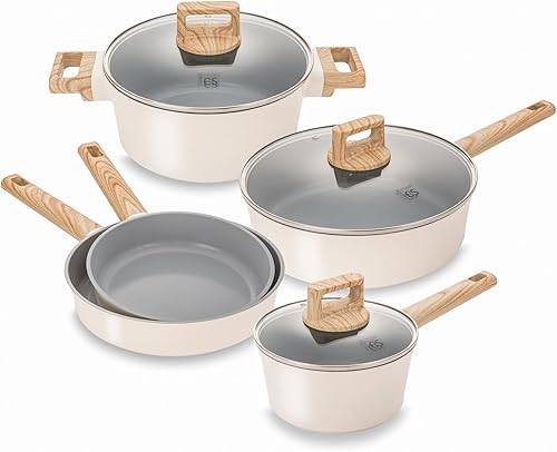 KOCH SYSTEME CS Juego de utensilios de cocina de cerámica antiadherente, juego de 8 ollas y sartenes con asas que se mantienen frescas, juego de