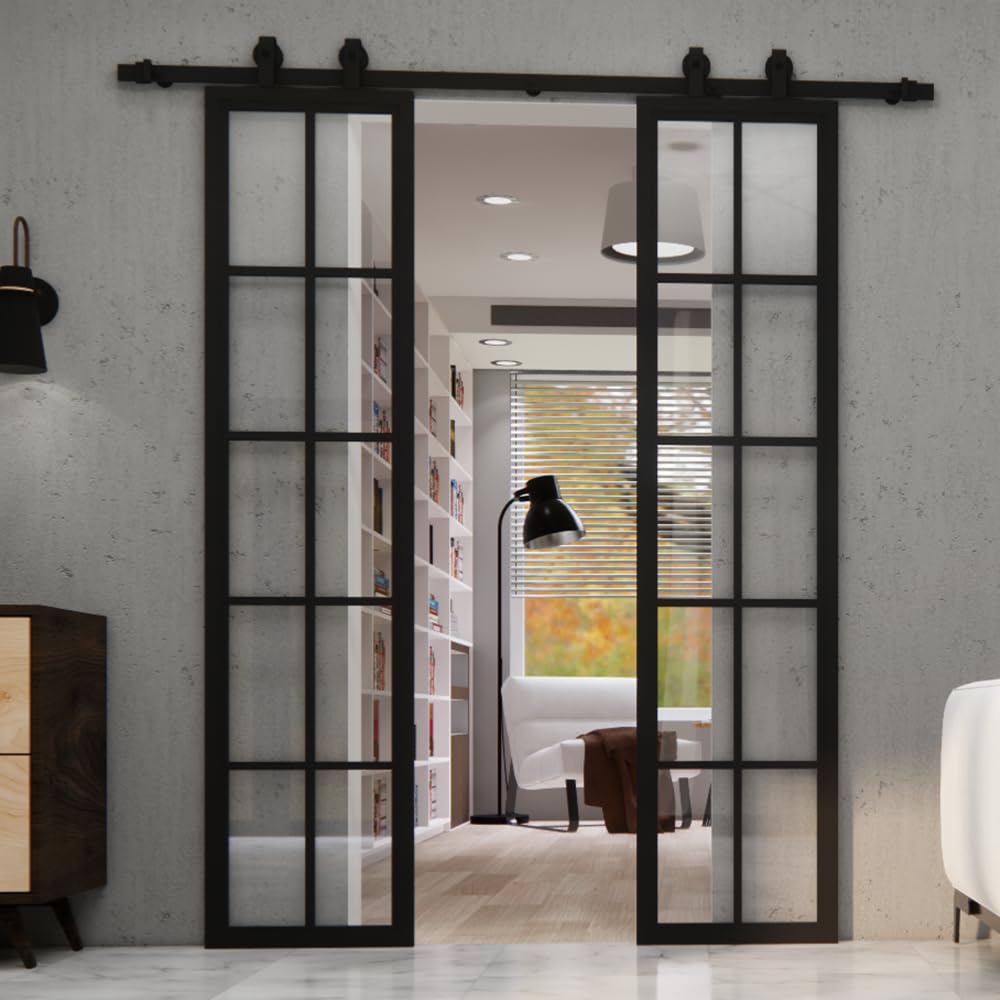 Schiebetüren aus Glas, zweiflügelig Set, Lofttüren mit Sprossen TIVOLI transparent Glas (100x210 cm)