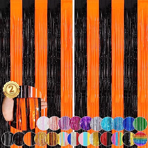 Image of Black Orange Streamers Foil Fringe Curtain 3.3 x 8.3ft Party Streamers 2Pack Metallic Streamer Curtains Mermaid Birthday Themed Party Decorations Tinsel Curtain for Parties Streamers Halloween Decor