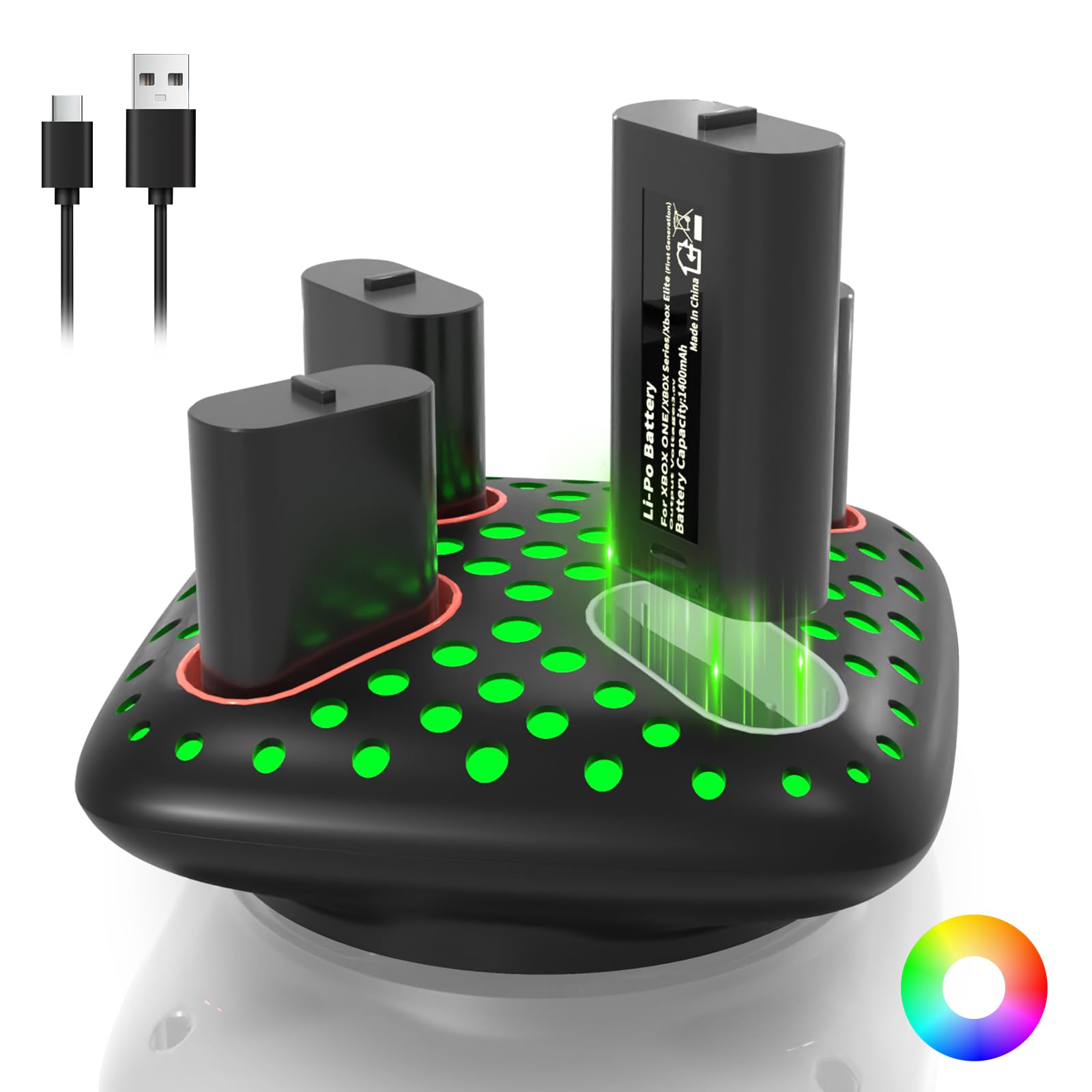 AceGamer 4 confezioni da 1400 mAh (= 4 x 5180 mWh) per Xbox One/Xbox Series X|S Elite Controller, Xbox Series Controller Kit batteria con stazione di ricarica RGB e cavo di tipo C