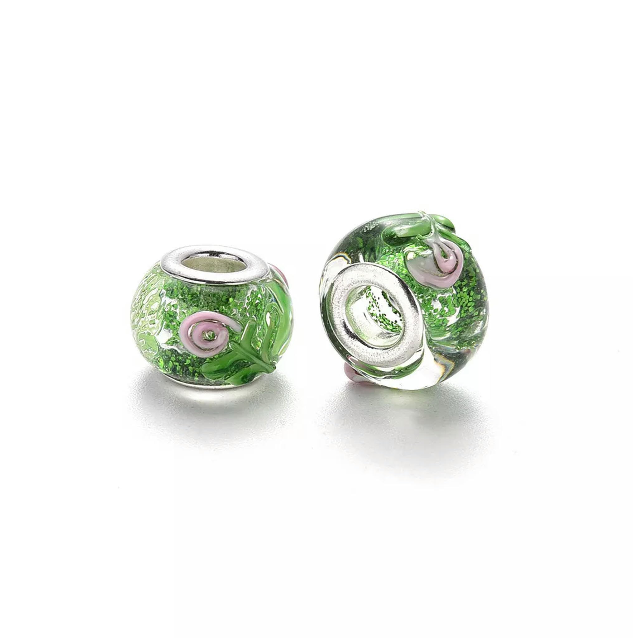 Perles à gros trous, Lot de 100 perles rondes artisanales en verre soufflé européen à gros trous, 14-16 x 9-10 mm
