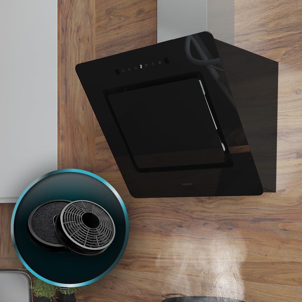Cecotec Campana Extractora Decorativa 60 cm Bolero Flux DT 608002 Glass Black A++, 210W, Iluminación LED, Succión 800m3/h, Control Táctil, 3 Niveles, Filtro Carbono, Hand Movement, Delay Function