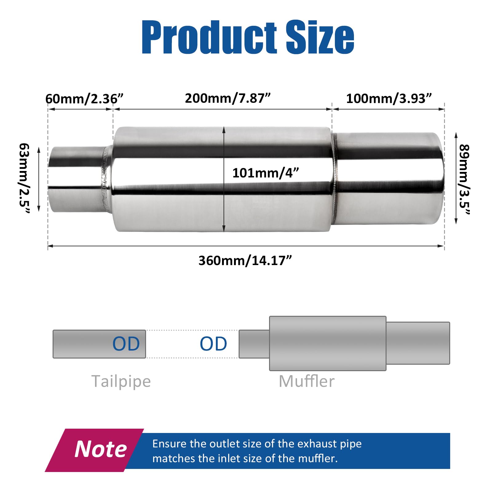 2,5"(63MM) Silenciador de Admisión y Escape Tubo de Silenciador | de la Caja Trasera de Escape de la Turbina del Automóvil Acero Inoxidable (Punta Plateada Recta Redonda)