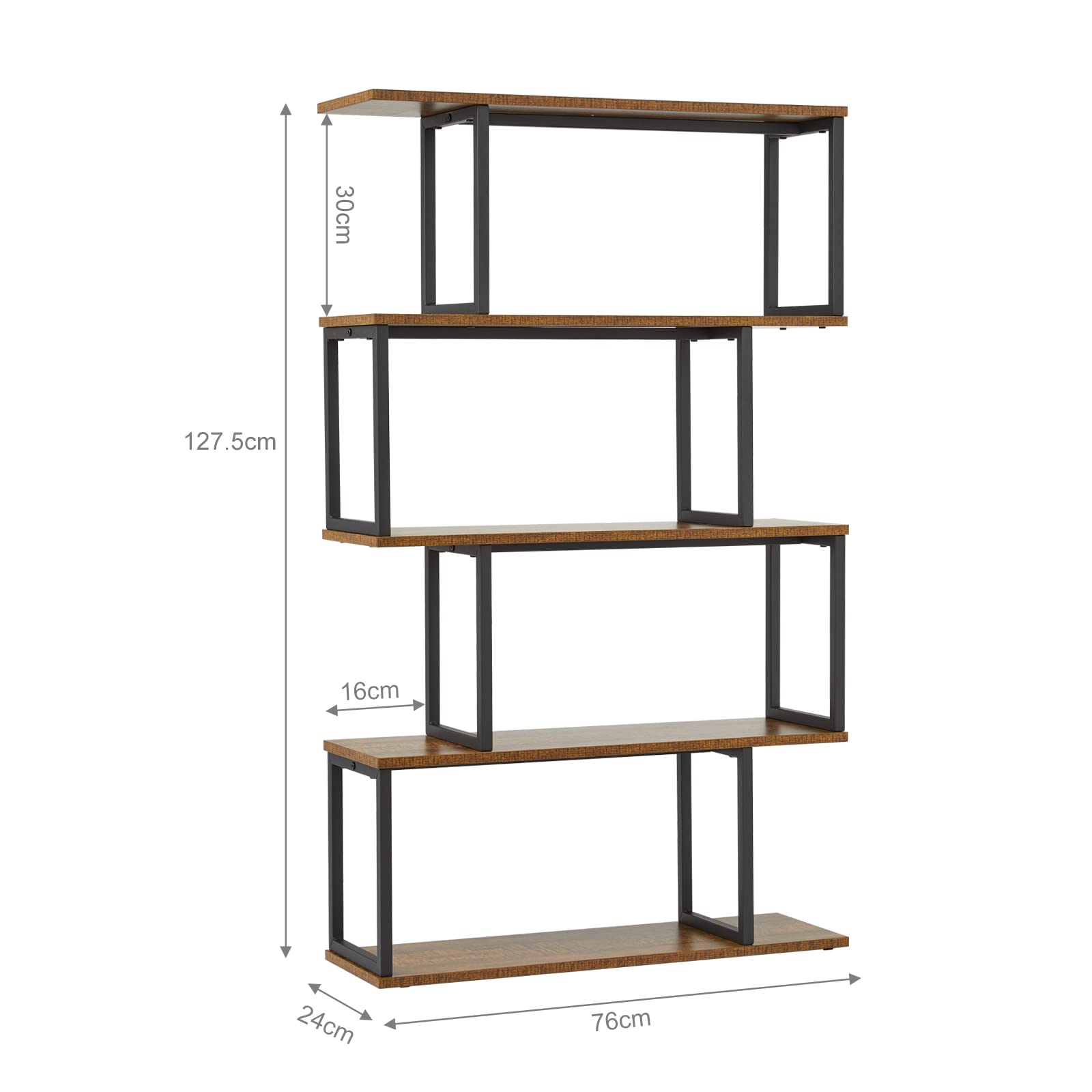 Mondeer Libreria a forma di S, Scaffale Portaoggetti, Libreria a 4 Ripiani, Libreria in Stile Industriale, con Struttura in Metallo, 76 x 24 x127.5cm, per Soggiorno e Ufficio, Marrone