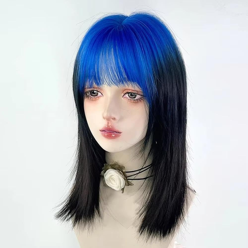 Accessori Parrucche Parrucca Da Donna Corta Diritta Blu Ombre Nera Con Frangia Cosplay Resistente Al Calore Per La Festa Quotidiana