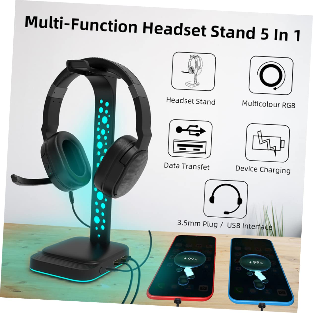 KOMBIUDA Supporto per Cuffie Rgb Hub USB Supporto Estensibile per Cuffi Gaming Scrivania Illuminazione Rgb e Porte USB