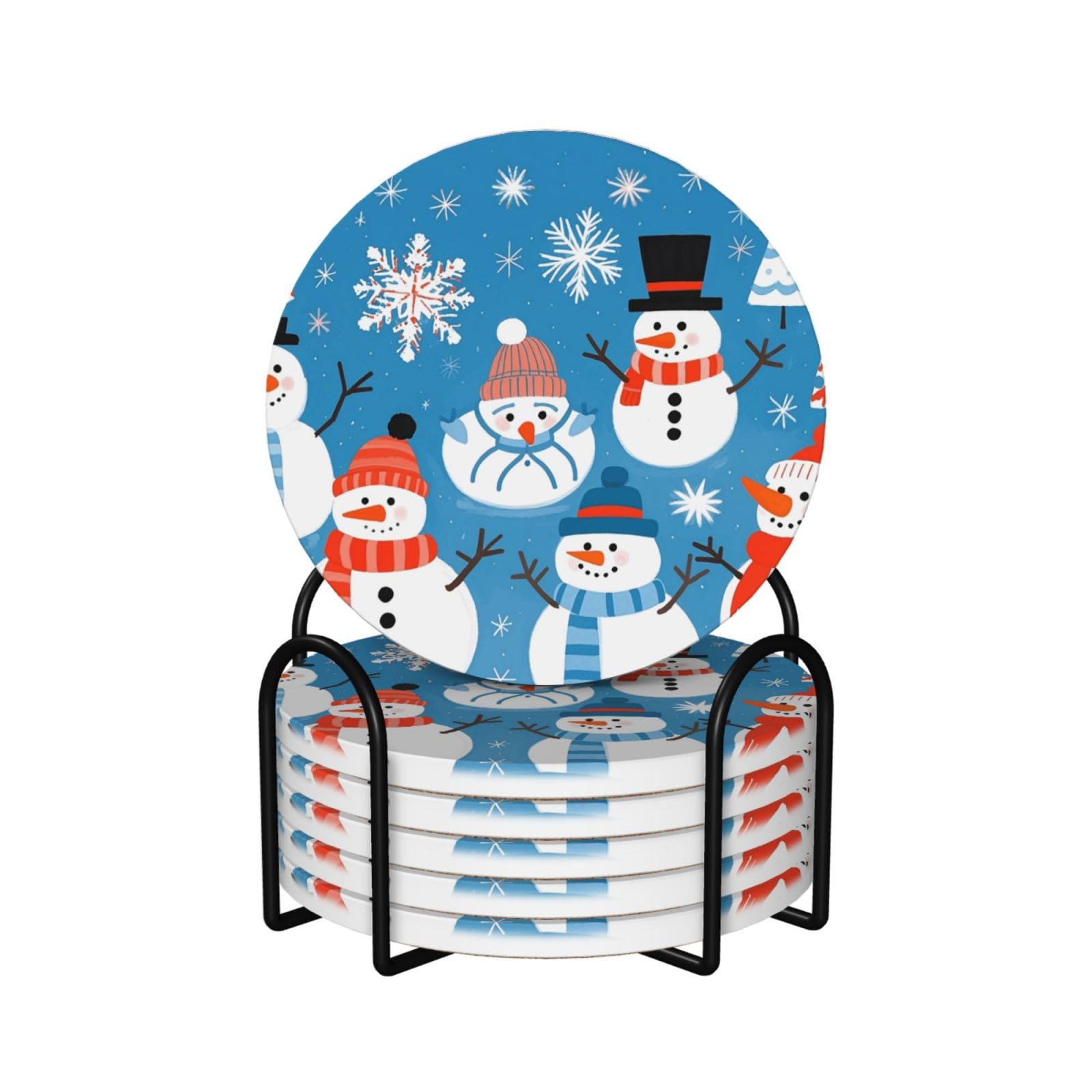 Dessous de verre bonhomme de neige en céramique et liège (lot de 6 avec support)