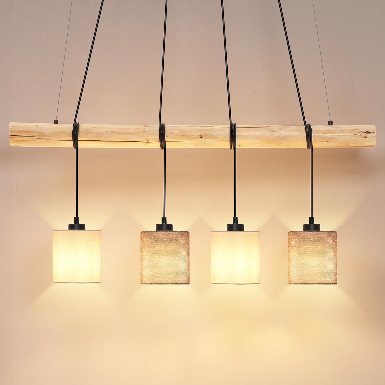 Lampadario Sospensione A 4 Luci Con Base Legno E Paralumi Metallo - Compatibile E27 | Per Soggiorno, Camera E Cucina