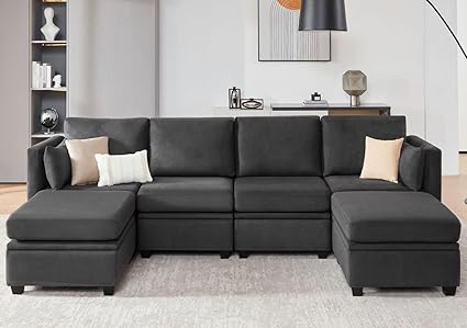 Modular Sectional Sofa with Storage, U Shaped Sectional Couch for Living Room, Convertible Modular Sofa Couch with Ottomans, High Supportive & Soft Sponge, 6 Seat, Darkgrey