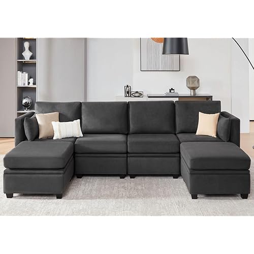 Modular Sectional Sofa with Storage, U Shaped Sectional Couch for Living Room, Convertible Modular Sofa Couch with Ottomans, High Supportive & Soft Sponge, 6 Seat, Darkgrey