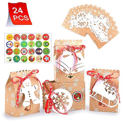 YUCCH 24pcs Bolsas de de Navidad de Papel Incluye 24 número pegatinas+24 etiquetas colgantes de Navidad para Navidad, cumpleaños, fiesta de té, bodas ycelebraciones de fiestas Cover