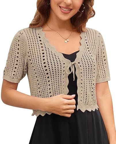 Kate KasinWomen Summer Beach Sweater Cardigan Short Sleeve Hollow Out CardiganGrey Apricot S