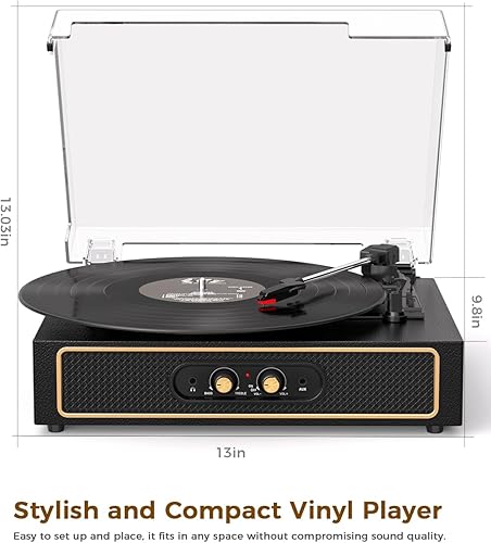 Miniatura 10 de Tocadiscos retro Bluetooth con altavoces integrados, tocadiscos de 3 velocidades por correa, control de graves y agudos, reproductor de vinilo