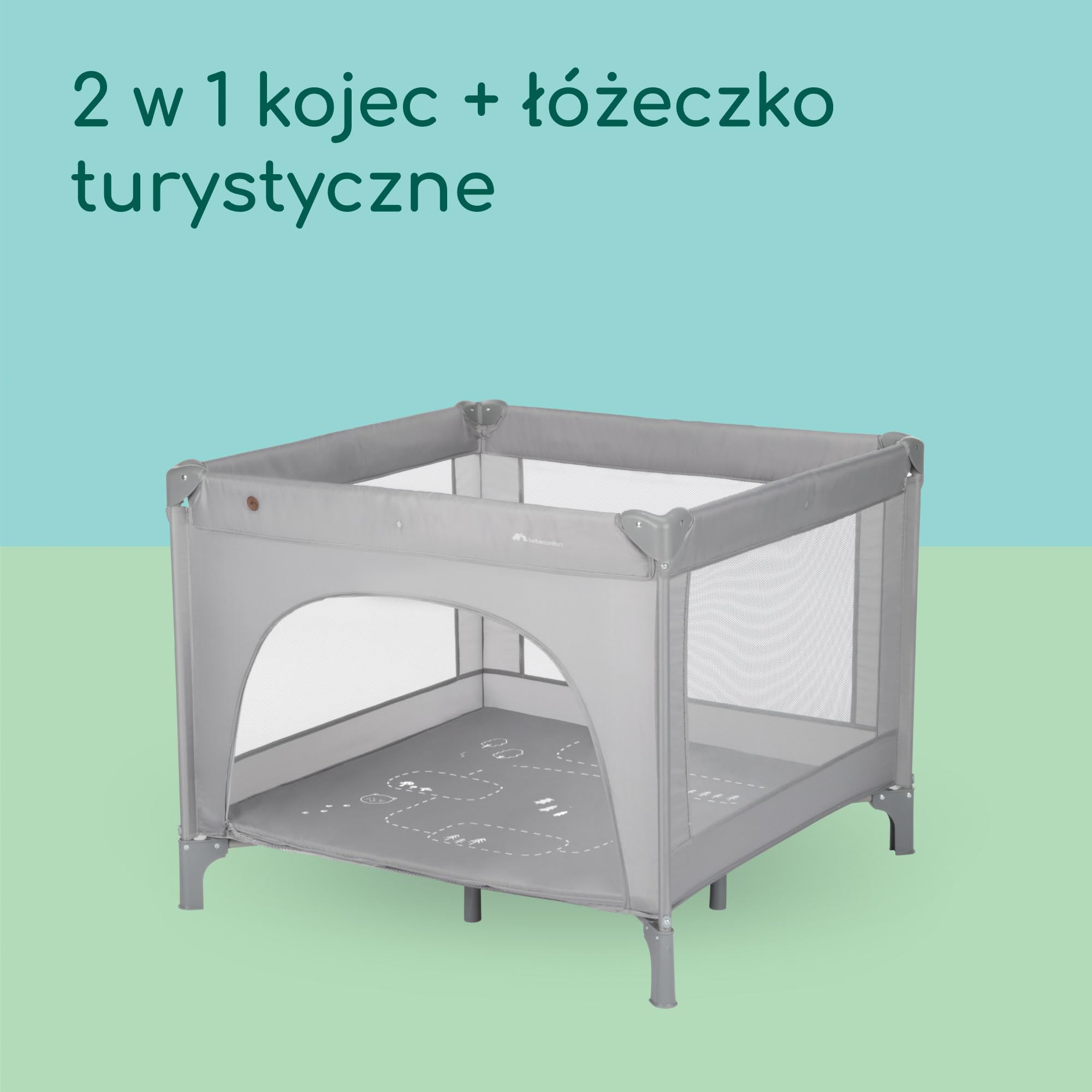 Bebeconfort Adonis, łóżeczko turystyczne 2 w 1, 0–3 lata (15 kg), kompaktowe składane łóżko, wejście z boku, duży miękki materac, torba do przenoszenia, łatwe składanie, stabilne, Mineral Gray