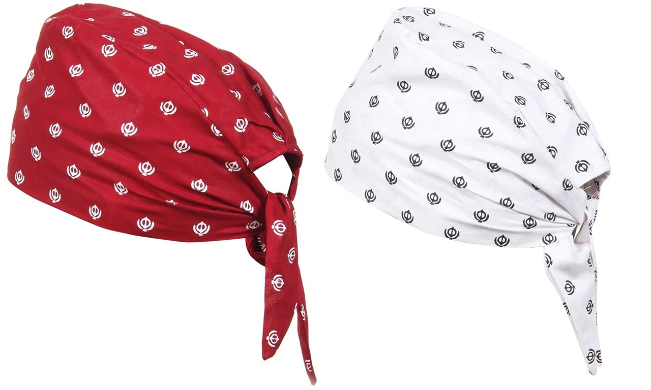 Samyuktha 2-częściowy nadruk Khanda 100% bawełna regulowana patka, bandana, czapka z czaszką dla mężczyzn i kobiet - kasztanowa i biała, Czerwony, biały, Medium-4X-Large