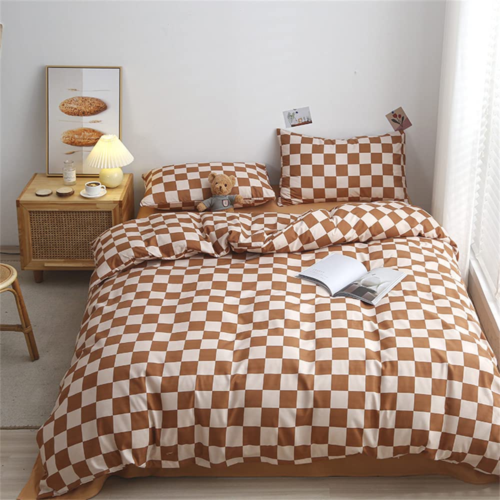 Pureant Pumpkin White Plaid Comforter Set Full Brown and White Checkered Bedding Comforter Soft Women Girls Brown Checkerboard Grid Quilts Full Size