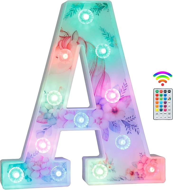 Unicorn LED Light Up Letters, 18 Color Changing Diamond Alphabet Sign Unicorn Gifts for Girls Women Party Birthday Decorations Remote Night Light Christmas Valentine Wall Table Decor - A