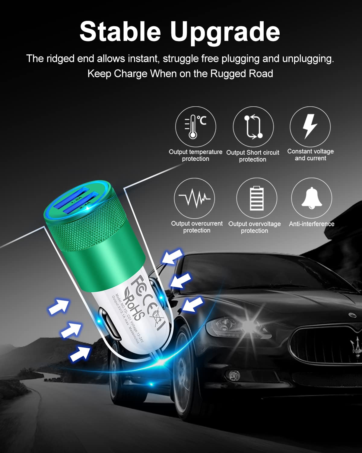 Caricabatteria da auto a doppia porta, 3,4 A, ricarica rapida, adattatore per accendisigari per iPhone, Samsung Galaxy, Google Pixel, LG, Motorola, GPS, luce LED