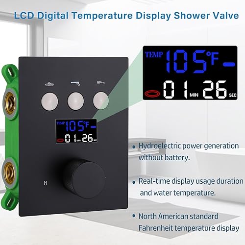 Miniatura 4 de Sistema de ducha negro mate de 12 pulgadas, juego completo de grifo de ducha montado en la pared, sistema de ducha de cuerpo completo con chorros