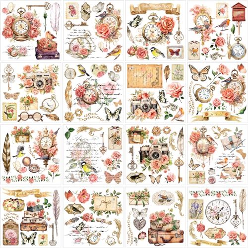 Dispowreath 16 Pcs Rose Rub on Transfer Vintage Floral and Clock, 6x6