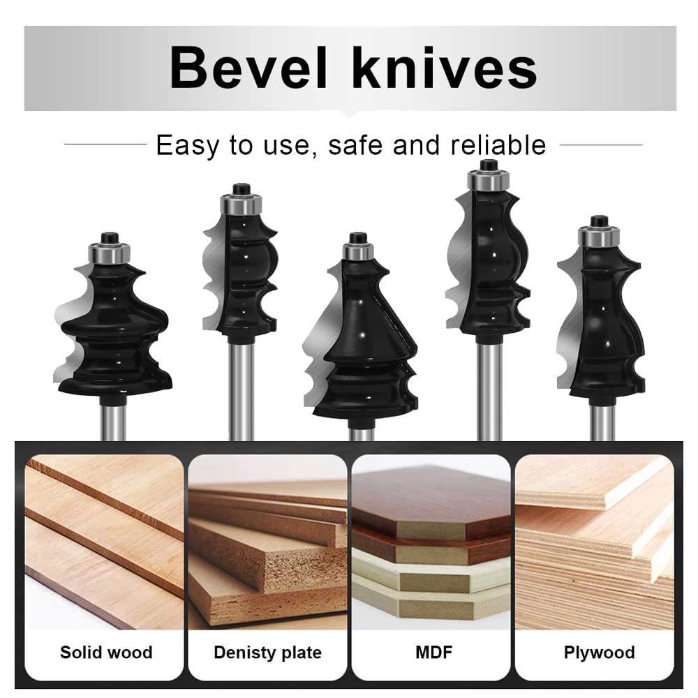 Mayline - Set di 5 punte per fresa con gambo da 6,35 mm, per lavorazione del legno, troncatrice, armadietto, utensili da taglio CNC, per porte, tavoli, mensole fai da te (1/4-H2G)