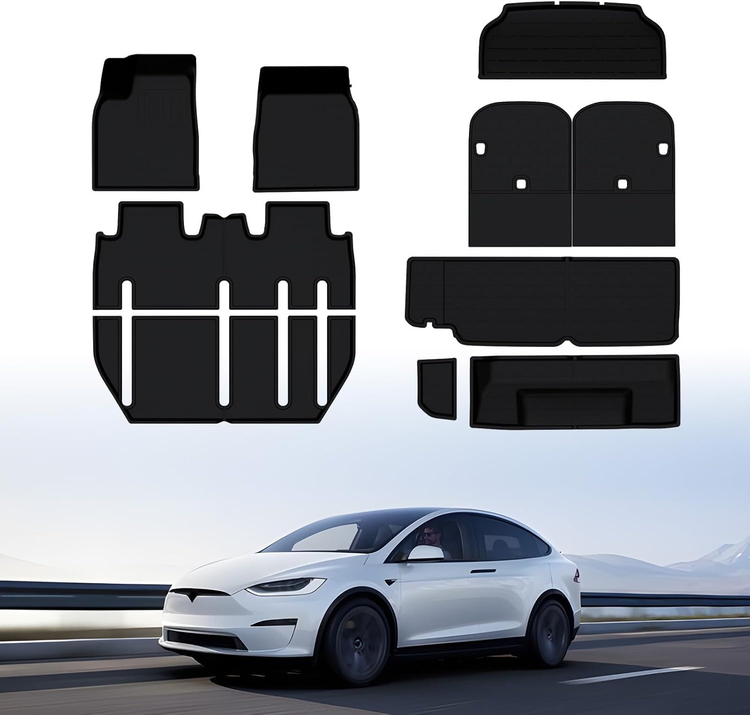 BASENOR 10PCS Tesla Model X Floor Mats 7-Seater All Weather Cargo Liner Mat XPE Car Mats Anti-Slip Trunk Mat Back Seat Cover Model X Plaid Accessories 2022-2025 10 PCS Tesla Model X 7-Seater 2022-2025