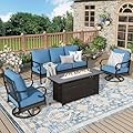 MIXPATIO Patio Furniture Set with Firepit Table, Black Frame Outdoor Conversation Set with 2 x Swivel Chairs, 1 x 3-Seat Sofa for Lawn Garden Backyard, Navy Blue