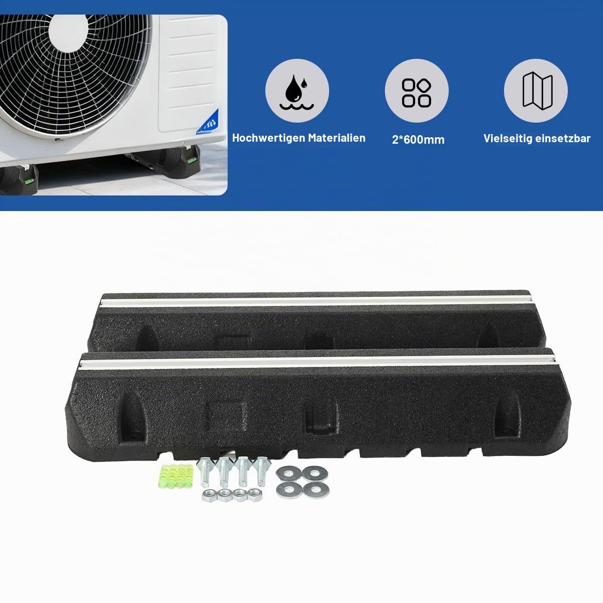 2PCS Schwingungsdämpfer Dämpfungssockel für Wärmepumpe Klimaanlage, Antivibrationsfüße Gummi Befestigungs-Set inkl Schrauben 600mm, Bodenkonsole Wasserdichter und Stoßdämpfender Aufstellbalken