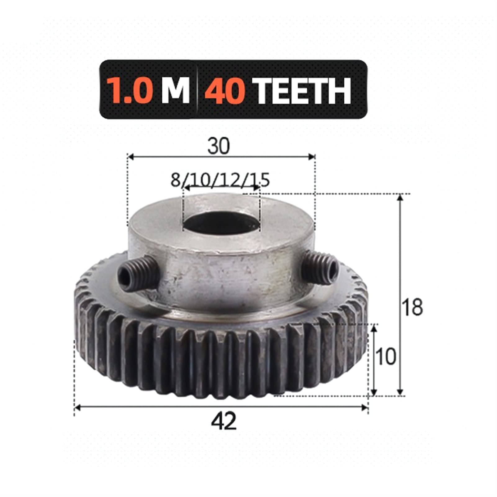 Zahnradsatz, Ritzel, 1 Stück, 1 Modul, 40 Zähne, Stirnrad, Covex-Getriebe, 8 mm, 10 mm, 12 mm, 15 mm, Innenloch, 1 m, 40 Zähne, Ritzelbohrung, Welle (Farbe: 8 mm Bohrung, Größe: 40 Zähne)(15mm Bore)