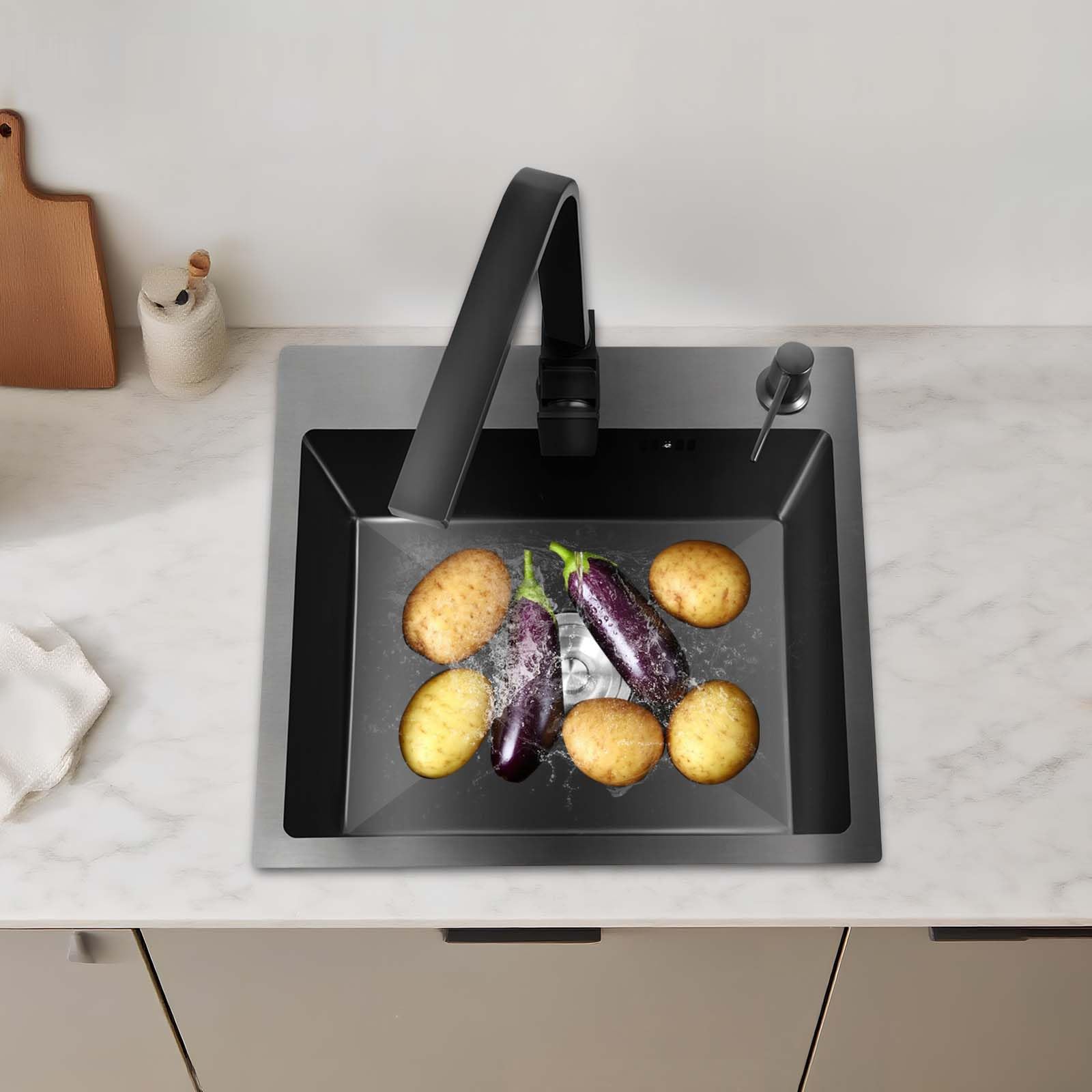 Kit de fregadero de cocina de acero inoxidable negro mate, incluye fregadero empotrado, grifo de cocina con dispensador de jabón y bajante de 45 x 40 cm, giratorio 360 ° - Fregadero Cocina 1 Seno