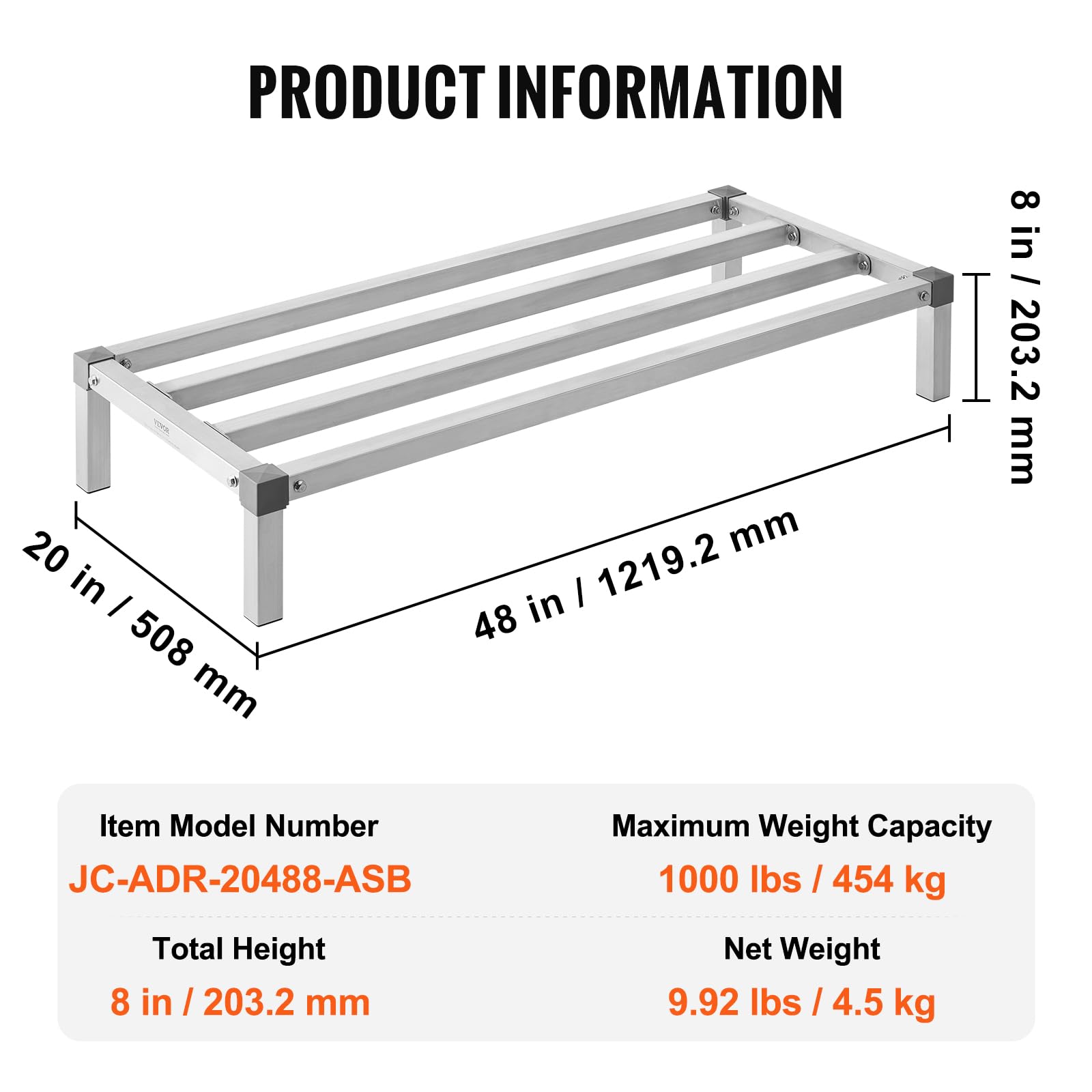 VEVOR Rack de Calage en Aluminium, 121,9x50,8x20,3 cm, Support de Stockage Commercial, Capacité de Charge 454 kg, Assemblage Facile, pour Rangement Aliments au Sol, dans Restaurants, Cuisines, Garages