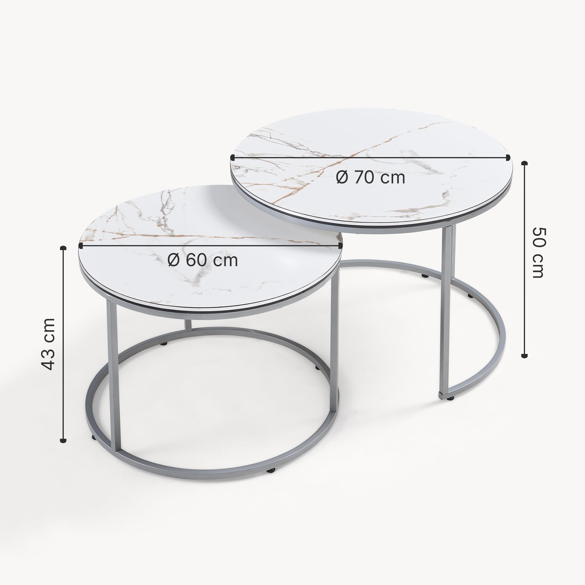 [en.casa] Set di 2 Tavolini da Salotto Sovrapponibili con Piano Rotondo in Truciolare e Telaio in Metallo Tavoli Bassi Salvaspazio - Effetto Marmo Bianco/Argentato
