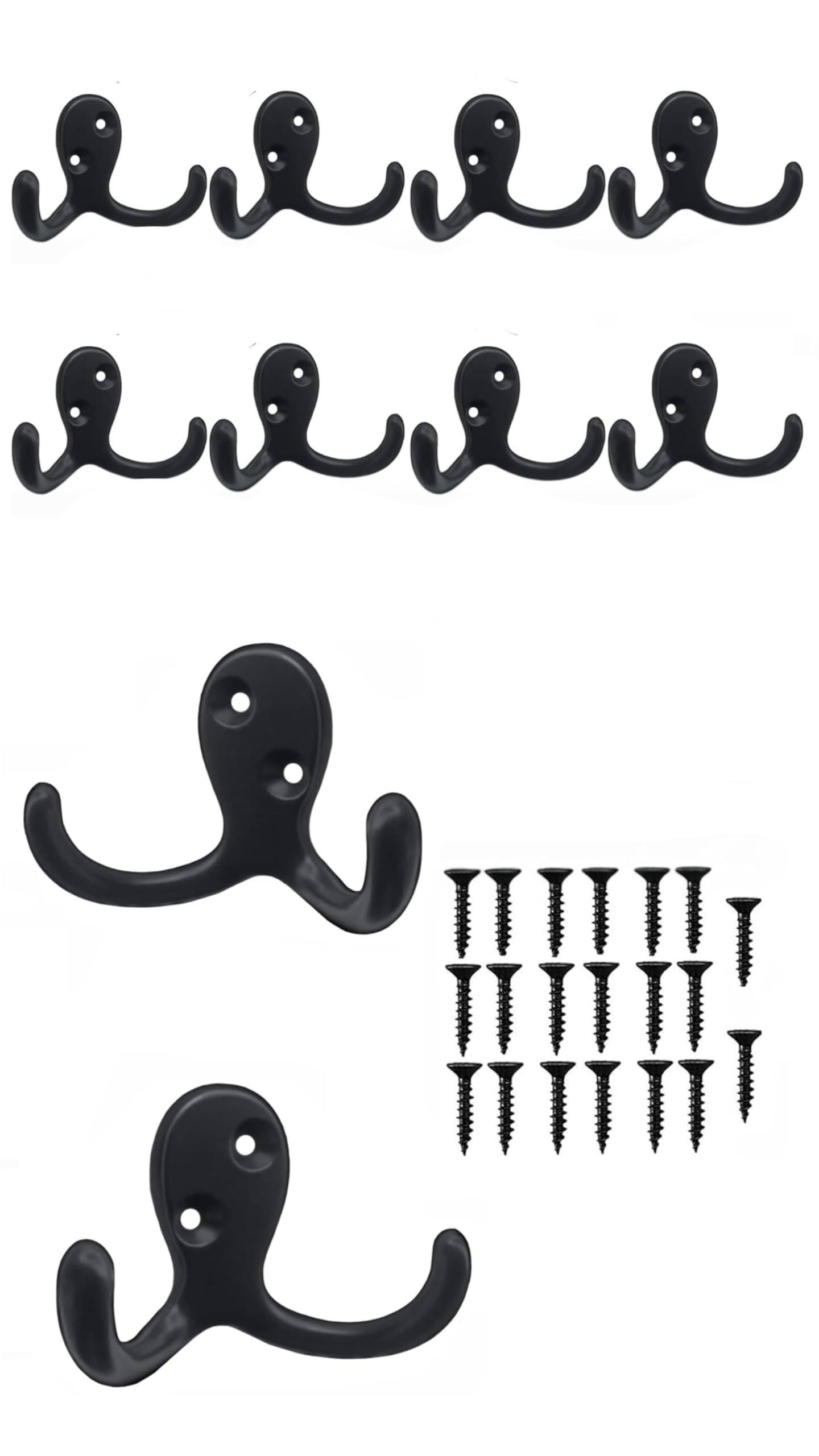 Sweet seven Black Double Robe Hooks - 10 Pack Heavy Duty Wall Mounted Hooks for Coats, Keys, Towels, Bags, Cups, Hats - No Rust Coat Hooks Hardware