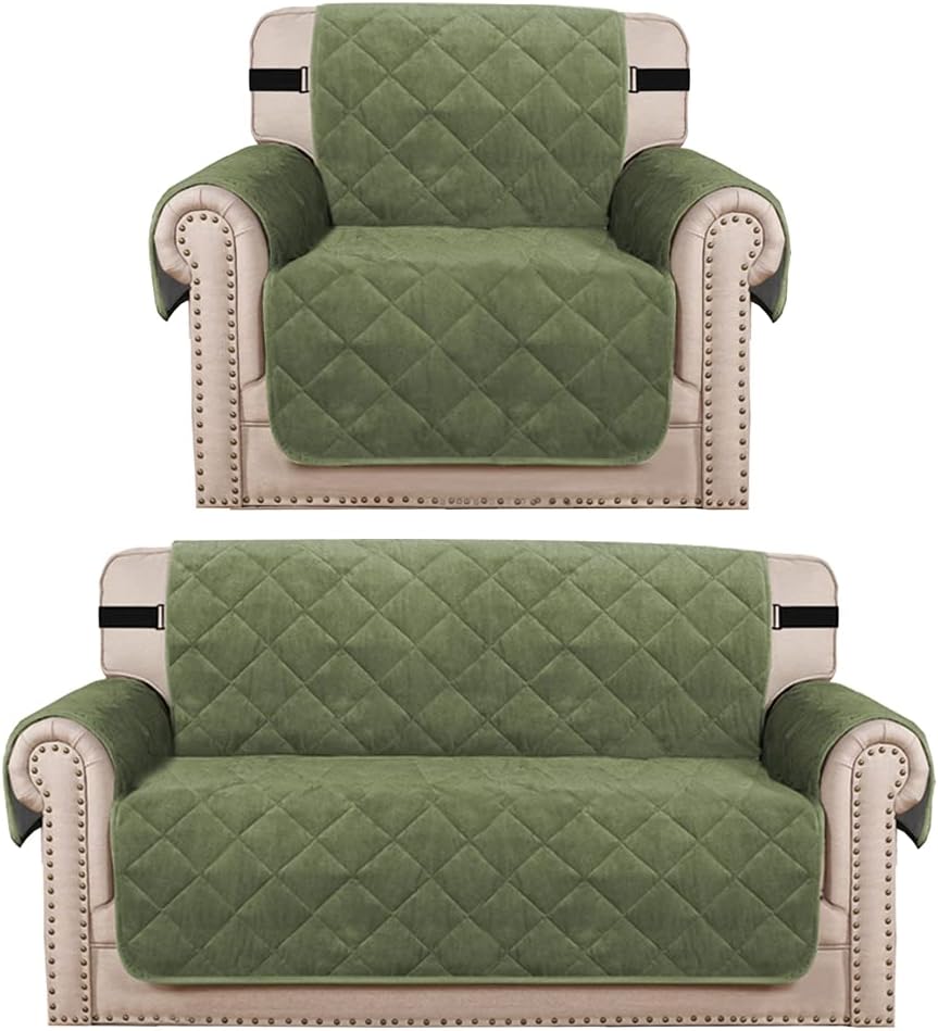 H.VERSAILTEX Velvet Plush Loden Armchair Cover and Loveseat Cover Bundle