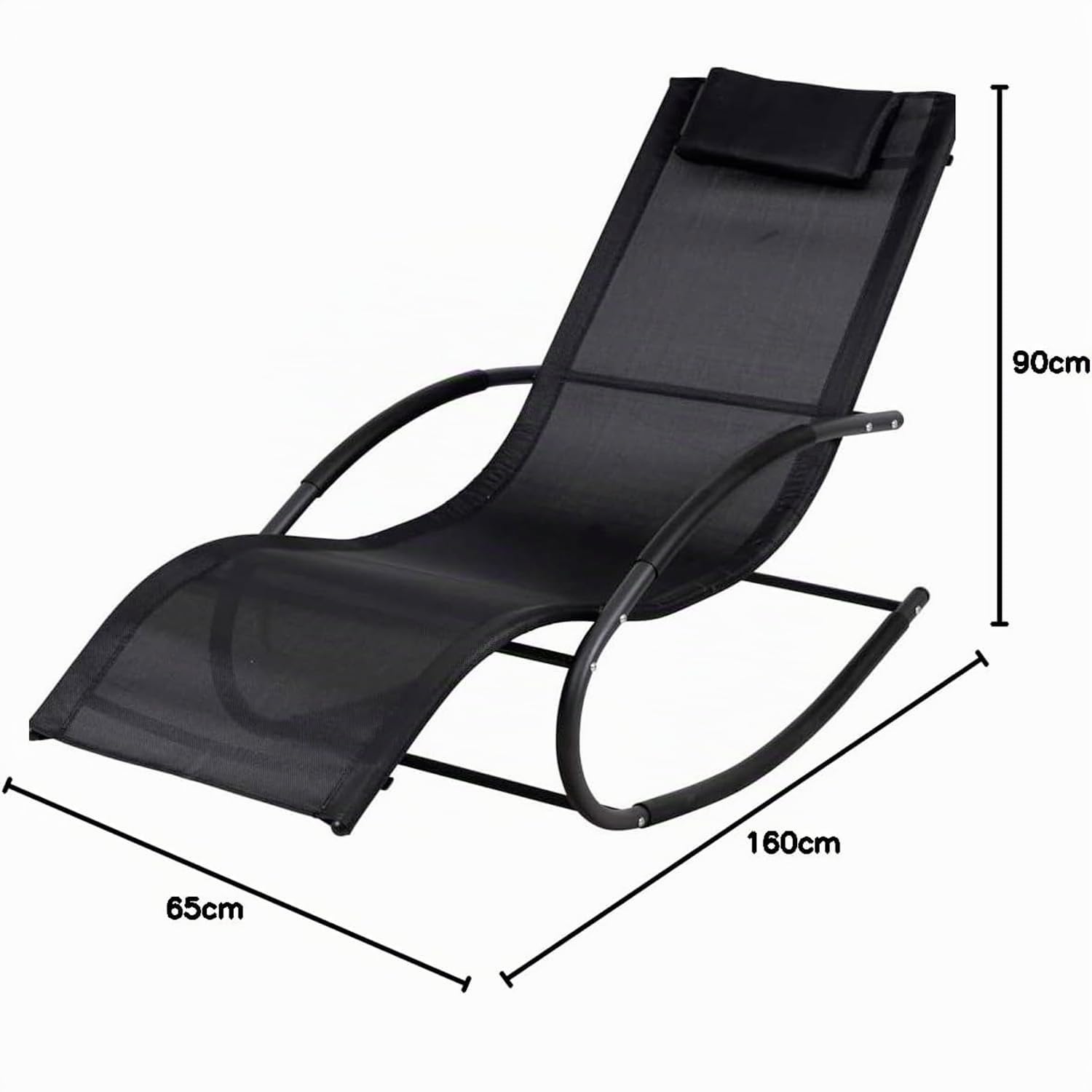 Sedia Relax Basculante Da Esterno Con Poggiatesta Imbottito Poltrona Ergonomica A Dondolo In Textilene Traspirante Per Giardino Piscina Veranda Outdoor 160 x 65 x 90 Cm Nero