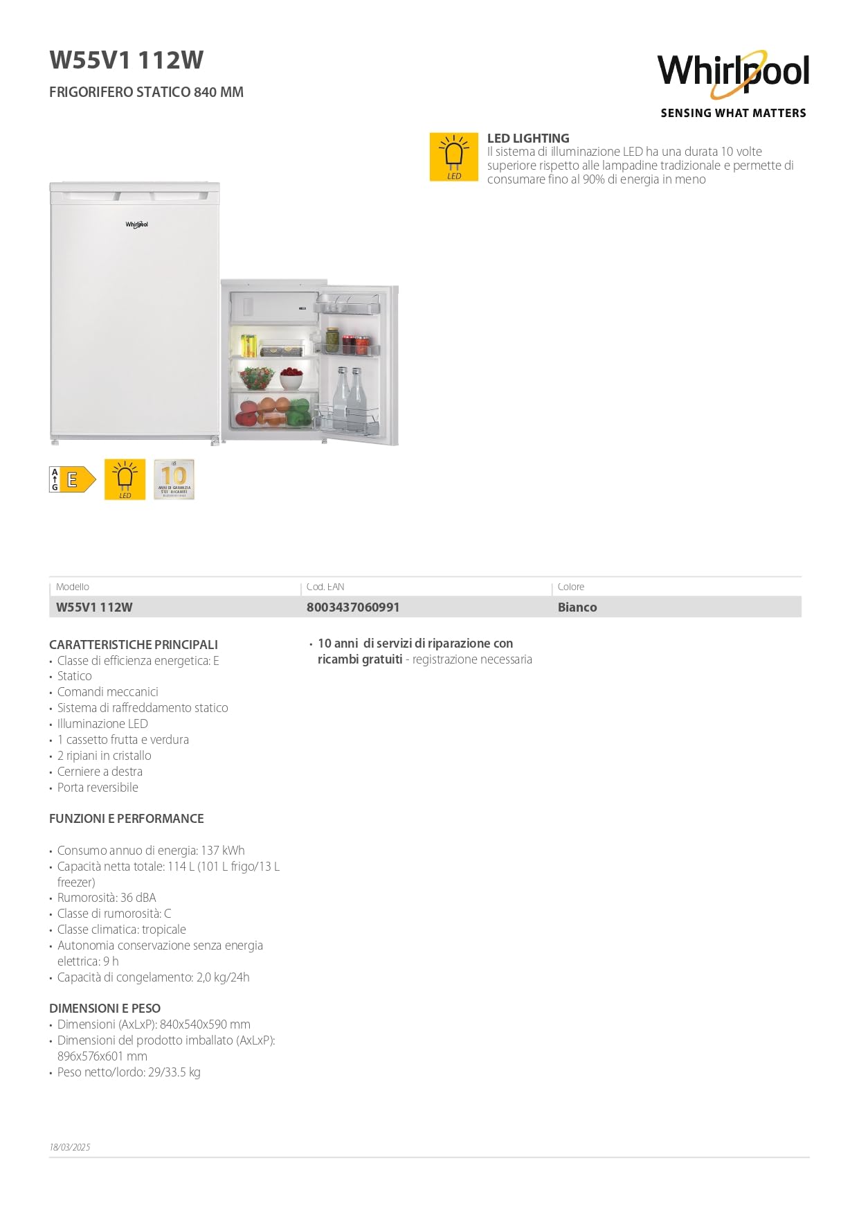 Whirlpool W55V1 112W – Frigorifero Monoporta 114 Litri, Libera Installazione, Sotto Tavolo, Statico, Classe E, Porta reversibile, Congelatore 13 L, Illuminazione LED – Bianco 84 x 54 x 59 cm (AxLxP)