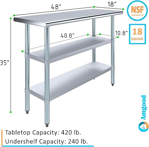 Vista 62 de Mesa de trabajo de acero inoxidable de 18 x 48 pulgadas AmGood Mesa de preparación de alimentos de metal NSF