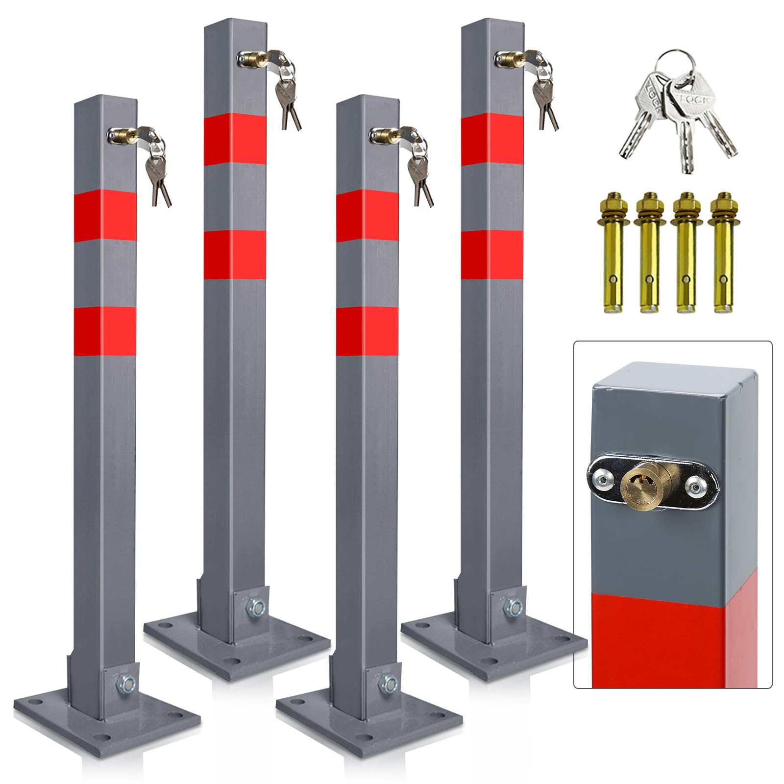 Barrière de parking pliable, poteau de blocage manuel avec 12 clés et 16 vis d'expansion, poteau de stationnement en acier robuste avec bandes réfléchissantes