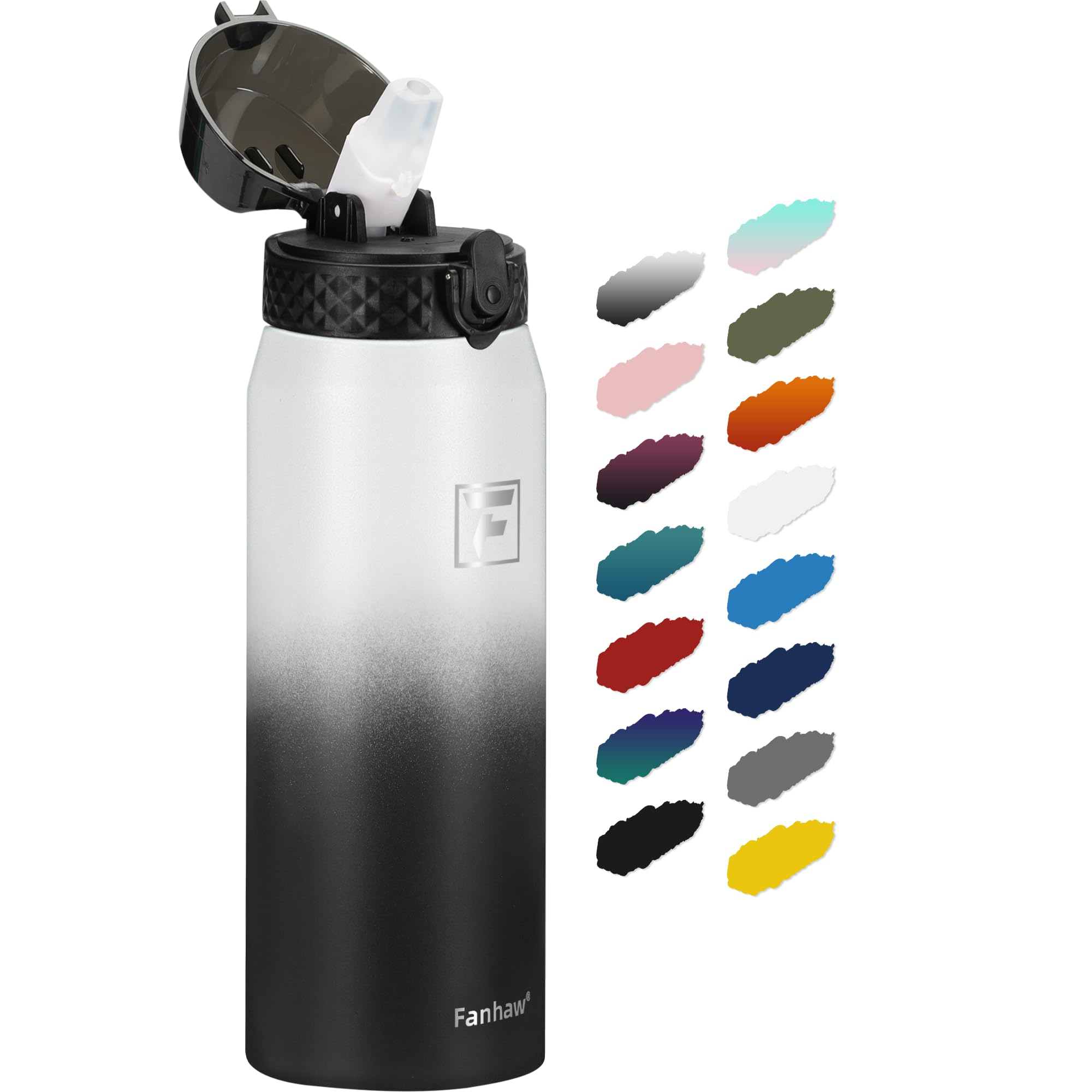 Fanhaw 24oz Kids Stainless Steel Water Bottle with Straw Lid, White Black