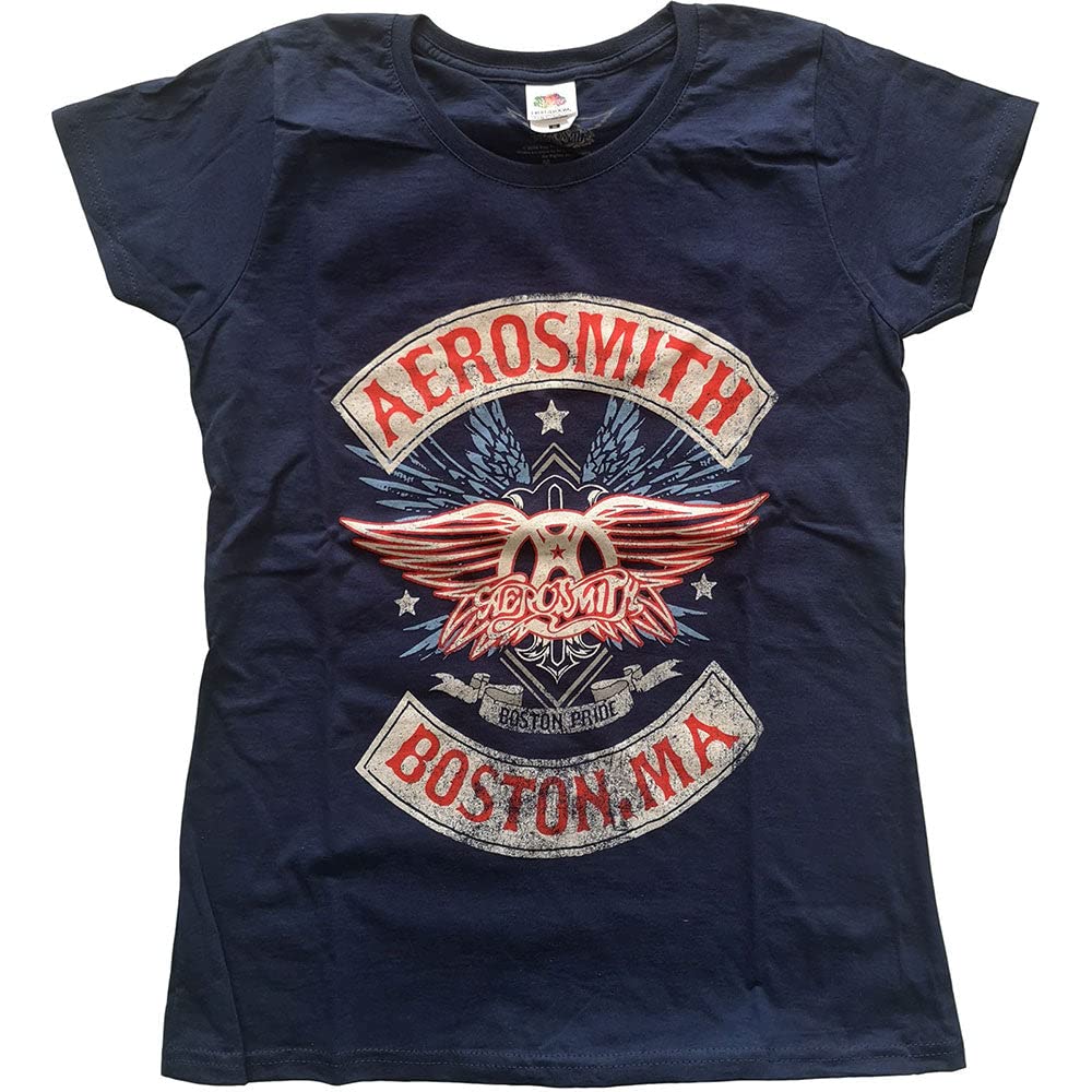 Aerosmith T Shirt Boston Pride Band Logo Official Womens Skinny Fit Navy Blue L