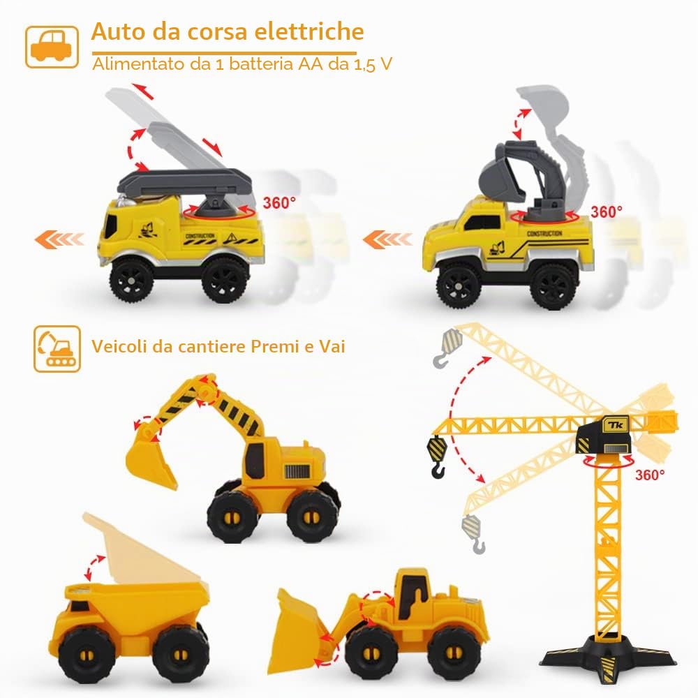 Mini Tudou Costruzione Flessibile Piste da corsa 2 veicoli da elettrici | Giocattoli da pista ingegneristici con dumper,gru,accessori di assortimento per bambini