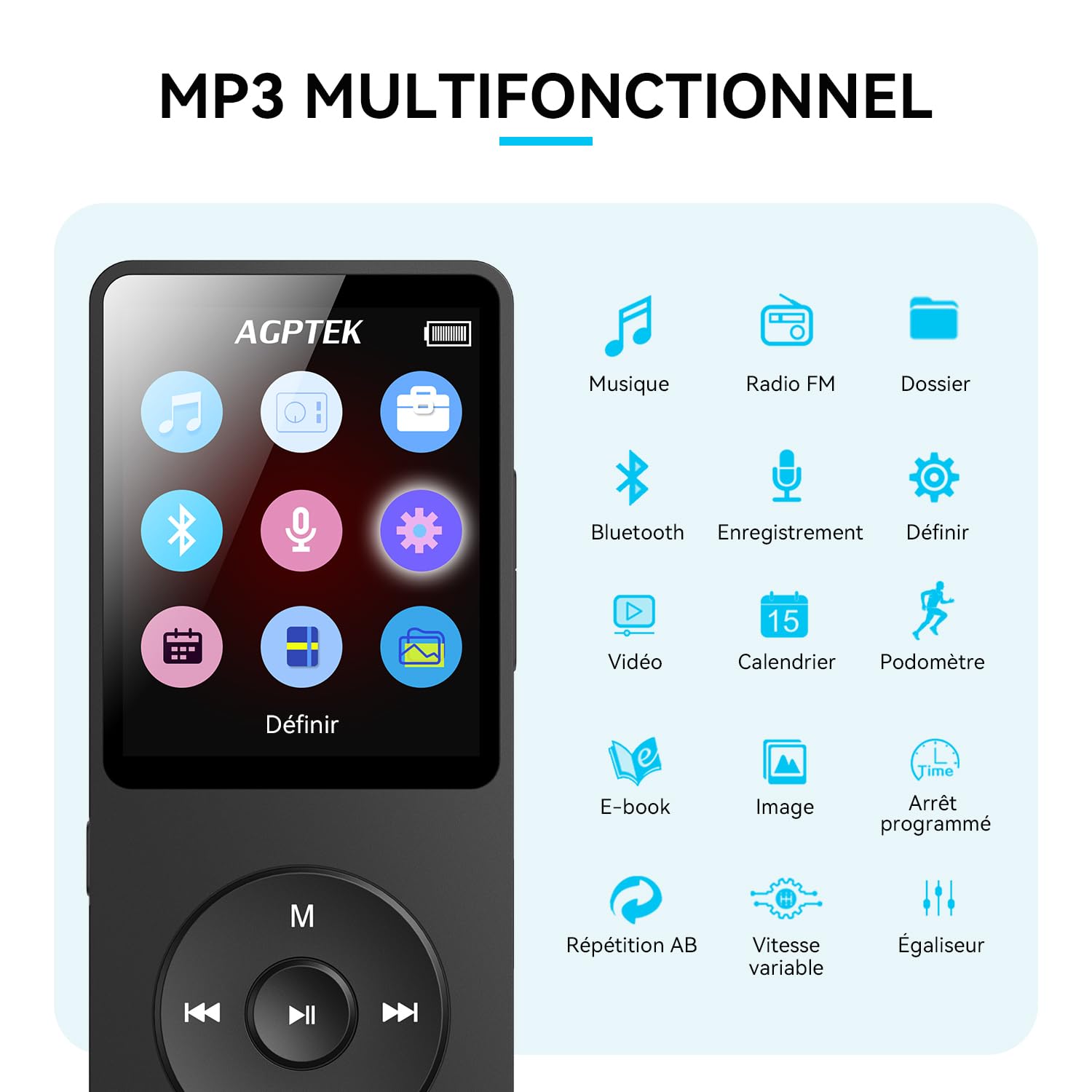 AGPTEK 64Go MP3 Bluetooth 5.3 avec Haut-Parleur & Bouton Volume, Lecteur Musical Portable Radio FM Enregistrement Podomètre Vidéo Baladeur sans Perte MP3 Sport Cadeau Adulte Enfant-Noir(sans Casque)