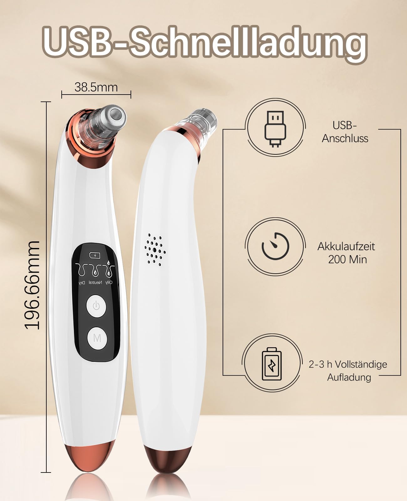 Mitesserentferner Porensauger Porenreiniger Gesicht Elektrisch mit 3 Saugstufen 6 Köpfen, LCD Display, Vakuumsauger zur Gesichtsreinigung, Schonend, USB Wiederaufladbar, Eisweiß